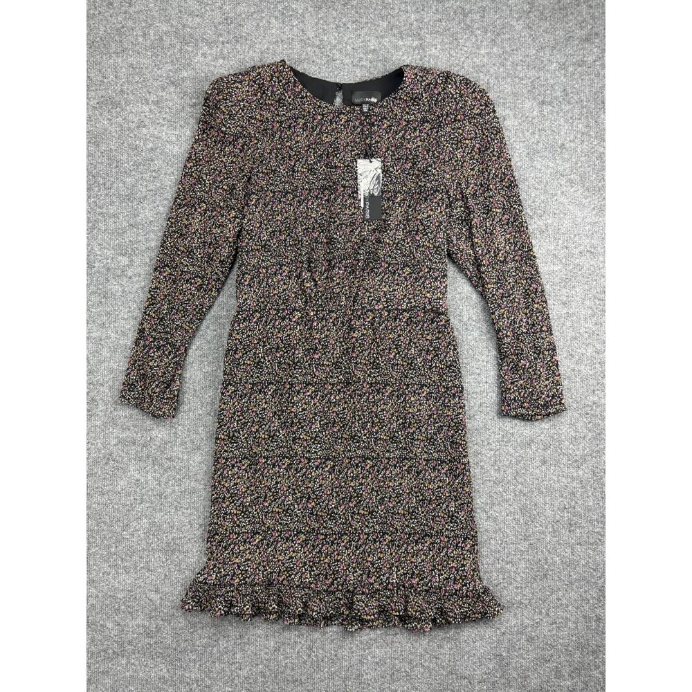 Lucy Paris Dress Womens Medium Black‎ Floral Ruffle Hem Lined 3/4 Sleeve Mini